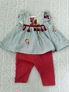 Pippa & Julie Baby Girl Matching Set Pinstripe Floral Embroidered 0-3 M